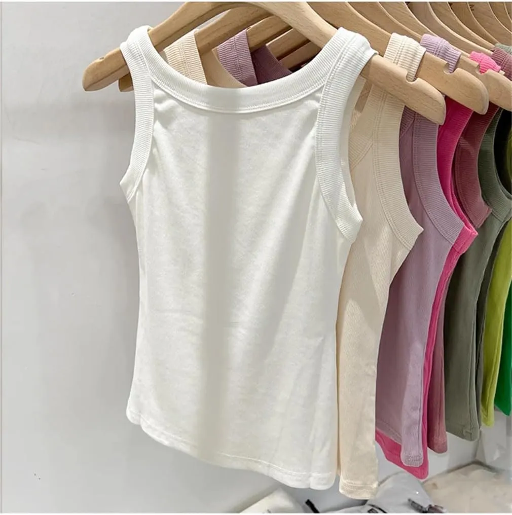 Women Solid Ribbed Tank Tops Women Summer Basic Elastic Tees Top O-Neck Sleeveless Camisoles