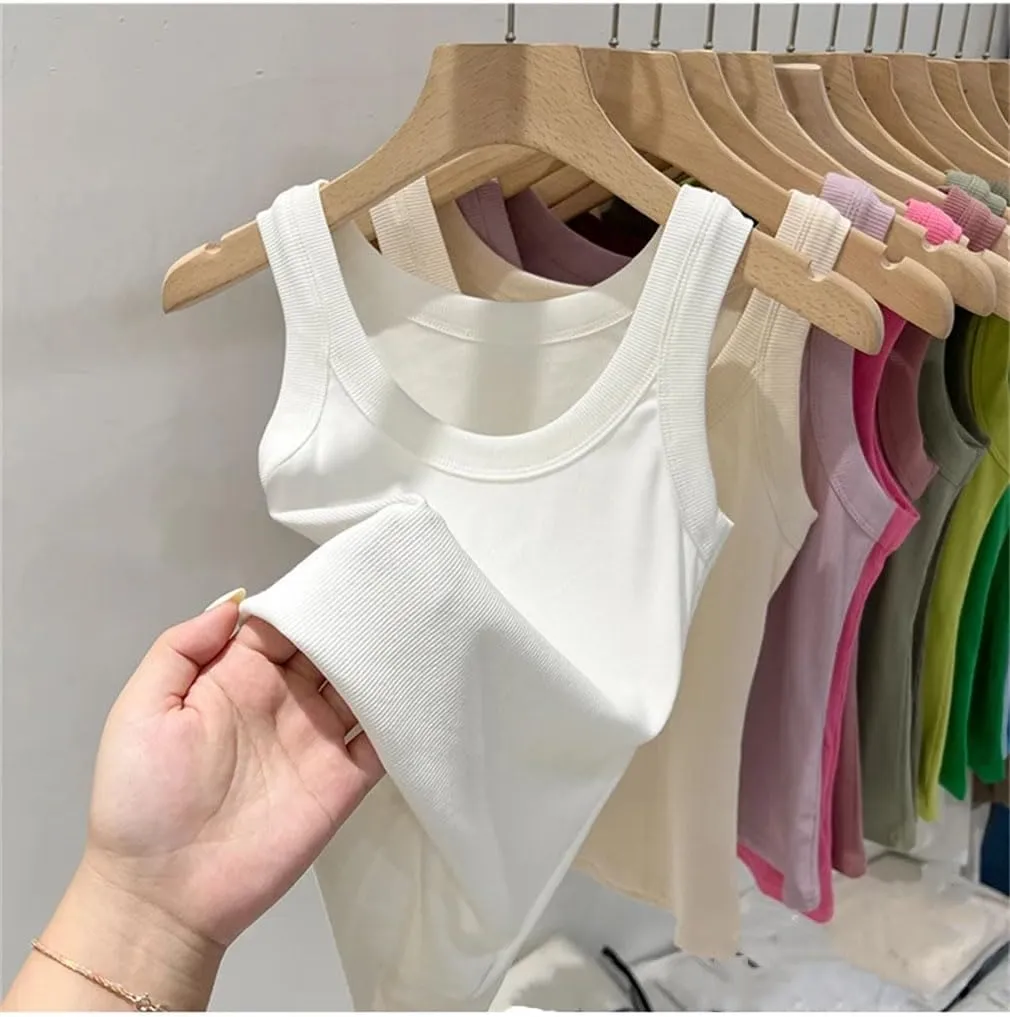 Women Solid Ribbed Tank Tops Women Summer Basic Elastic Tees Top O-Neck Sleeveless Camisoles