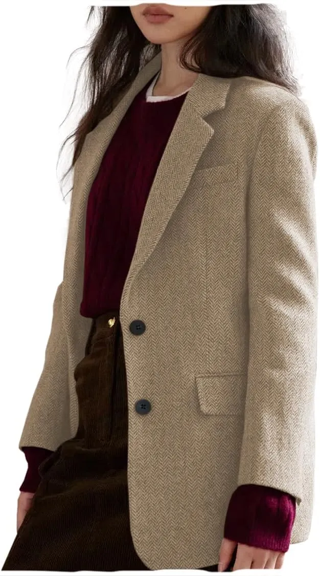 Women Suit Blazer Herringbone Pattern Woolen Coat Ladies Mid- Length Professional Casual Retro Only Jacket