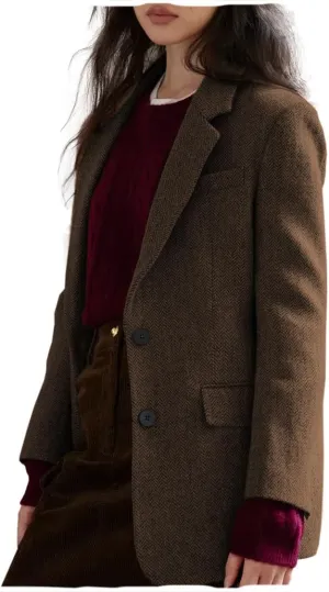 Women Suit Blazer Herringbone Pattern Woolen Coat Ladies Mid- Length Professional Casual Retro Only Jacket