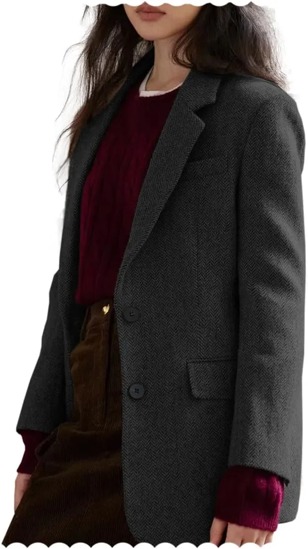 Women Suit Blazer Herringbone Pattern Woolen Coat Ladies Mid- Length Professional Casual Retro Only Jacket