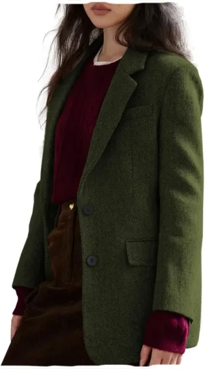 Women Suit Blazer Herringbone Pattern Woolen Coat Ladies Mid- Length Professional Casual Retro Only Jacket