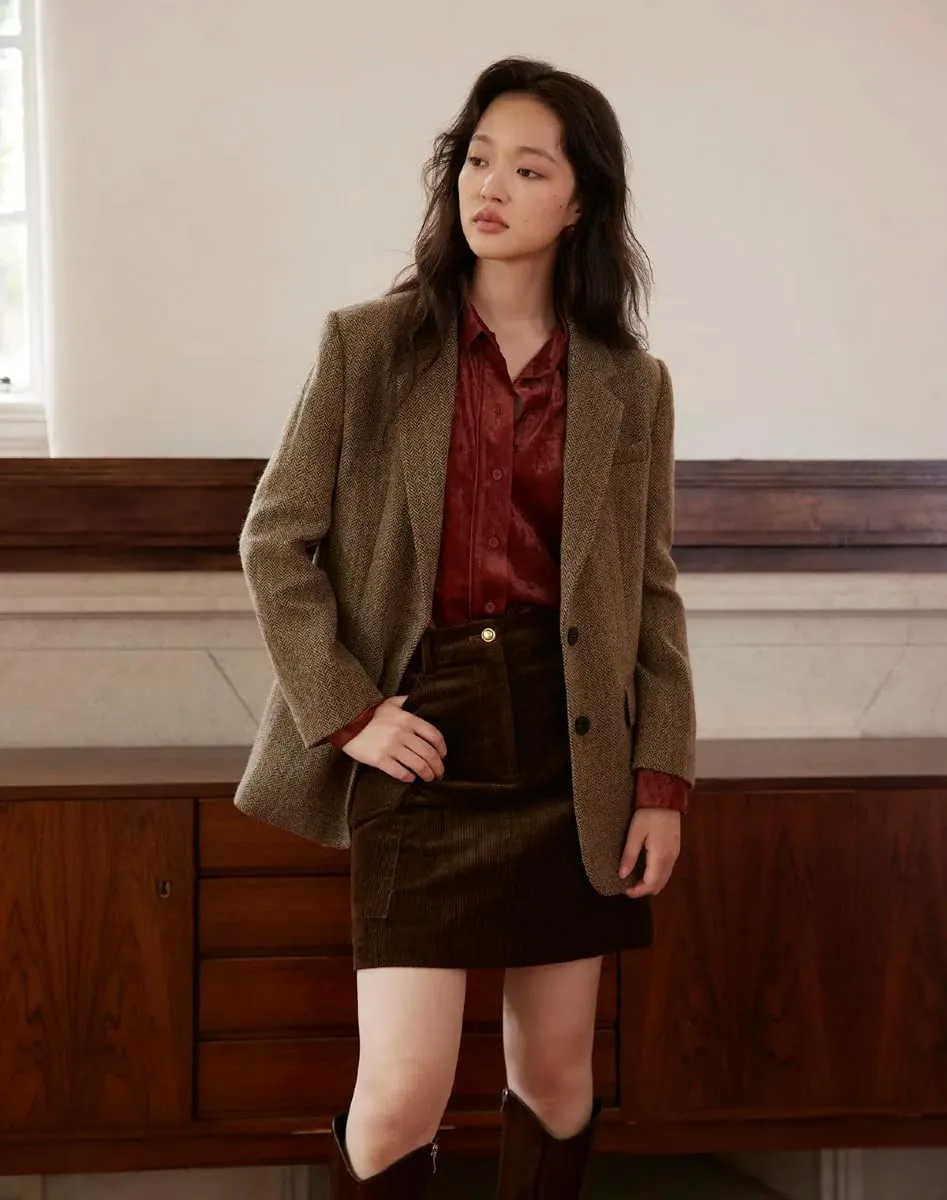 Women Suit Blazer Herringbone Pattern Woolen Coat Ladies Mid- Length Professional Casual Retro Only Jacket