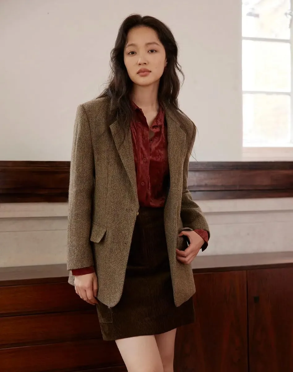 Women Suit Blazer Herringbone Pattern Woolen Coat Ladies Mid- Length Professional Casual Retro Only Jacket