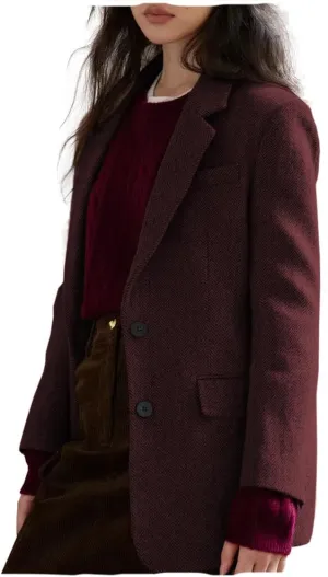 Women Suit Blazer Herringbone Pattern Woolen Coat Ladies Mid- Length Professional Casual Retro Only Jacket
