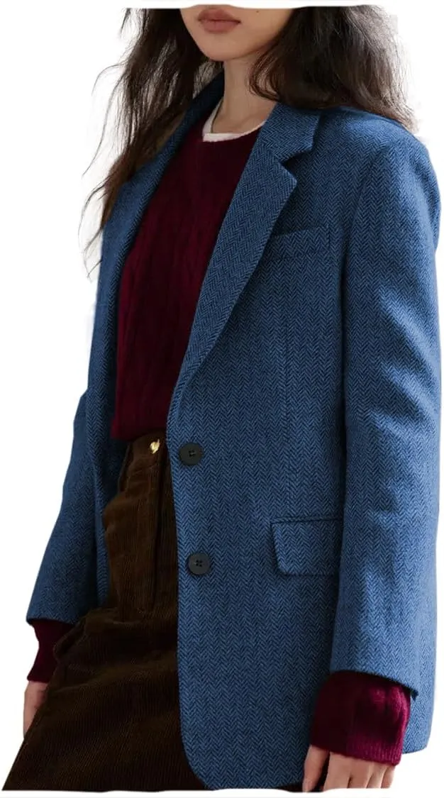 Women Suit Blazer Herringbone Pattern Woolen Coat Ladies Mid- Length Professional Casual Retro Only Jacket