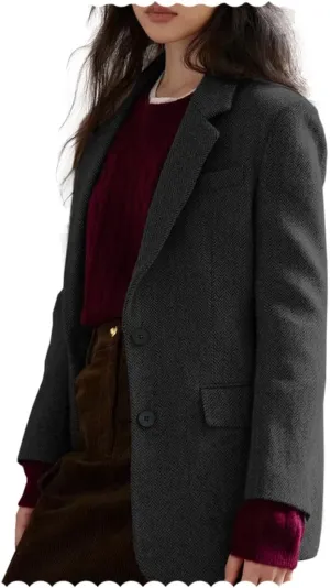 Women Suit Blazer Herringbone Pattern Woolen Coat Ladies Mid- Length Professional Casual Retro Only Jacket