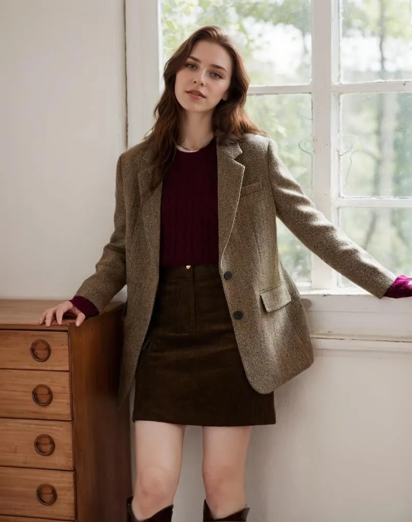 Women Suit Blazer Herringbone Pattern Woolen Coat Ladies Mid- Length Professional Casual Retro Only Jacket