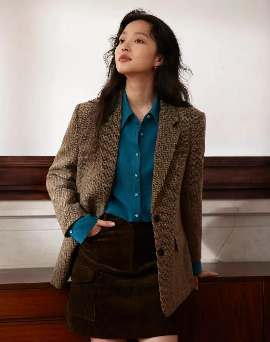 Women Suit Blazer Herringbone Pattern Woolen Coat Ladies Mid- Length Professional Casual Retro Only Jacket