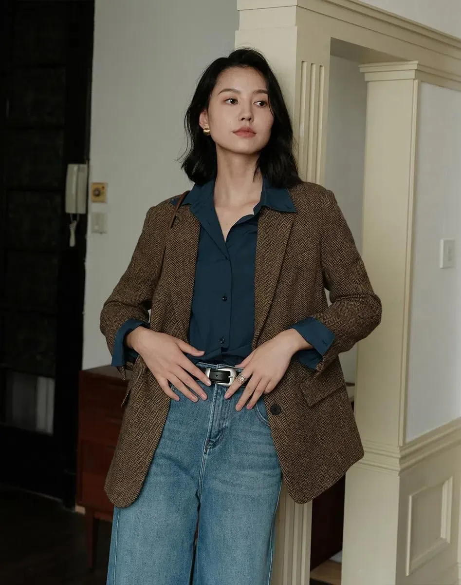 Women Suit Blazer Herringbone Pattern Woolen Coat Ladies Mid- Length Professional Casual Retro Only Jacket