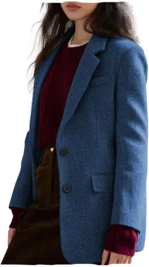Women Suit Blazer Herringbone Pattern Woolen Coat Ladies Mid- Length Professional Casual Retro Only Jacket