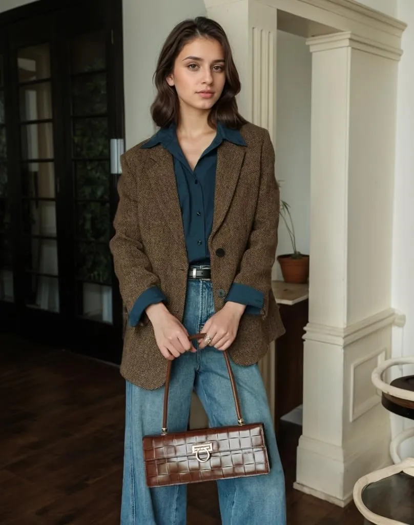 Women Suit Blazer Herringbone Pattern Woolen Coat Ladies Mid- Length Professional Casual Retro Only Jacket