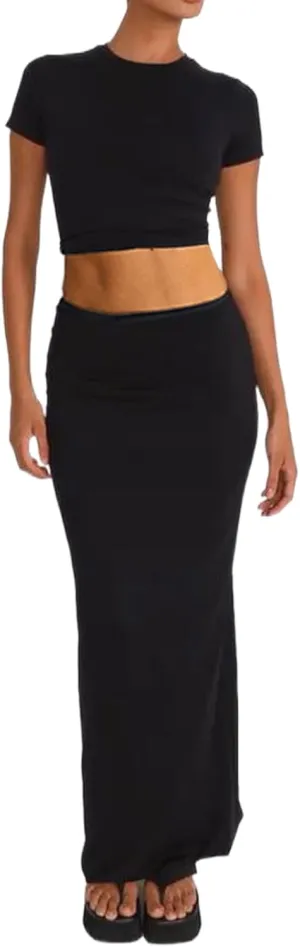 Women Y2K Ruffle 2 Piece Skirt Set Sleeveless Tube Crop Top Y2k Sexy Mesh See Through Cutout Maxi Skirt Clubwear