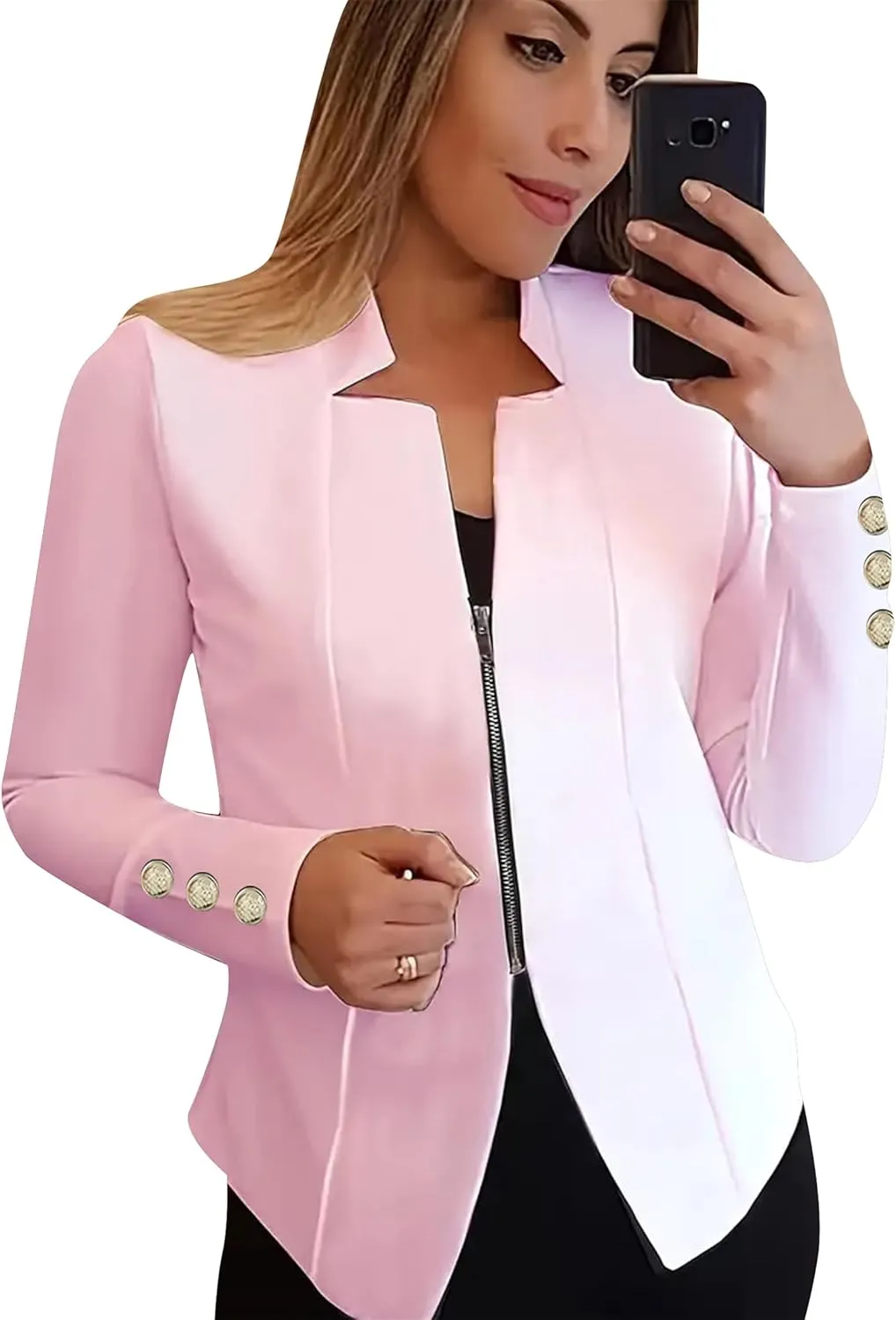 Women Zip Up Blazer Long Sleeve with Buttons Notch Lapel Suit Slim Fit Open Front Blazers