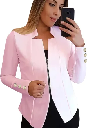 Women Zip Up Blazer Long Sleeve with Buttons Notch Lapel Suit Slim Fit Open Front Blazers