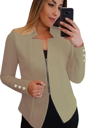 Women Zip Up Blazer Long Sleeve with Buttons Notch Lapel Suit Slim Fit Open Front Blazers