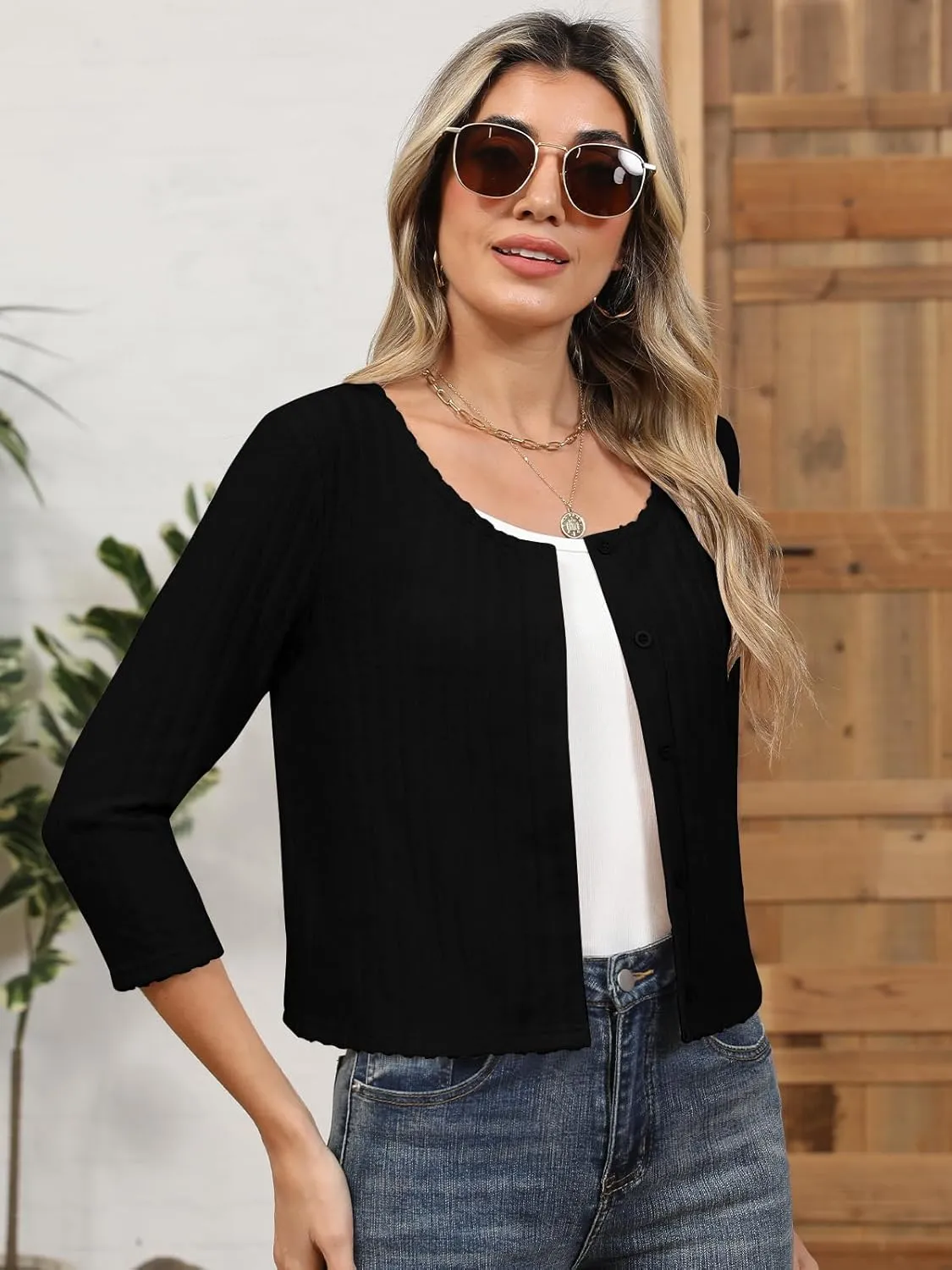 Women's 3/4 Sleeve Crew Neck Bolero Shrug Cropped Cardigans Sweaters Button Down Open Front for Dresses