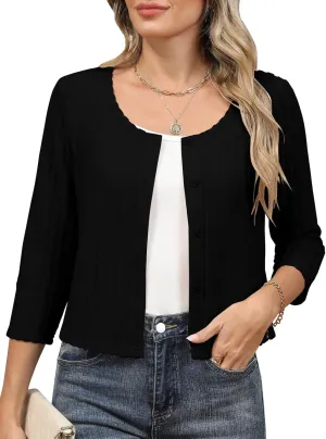 Women's 3/4 Sleeve Crew Neck Bolero Shrug Cropped Cardigans Sweaters Button Down Open Front for Dresses