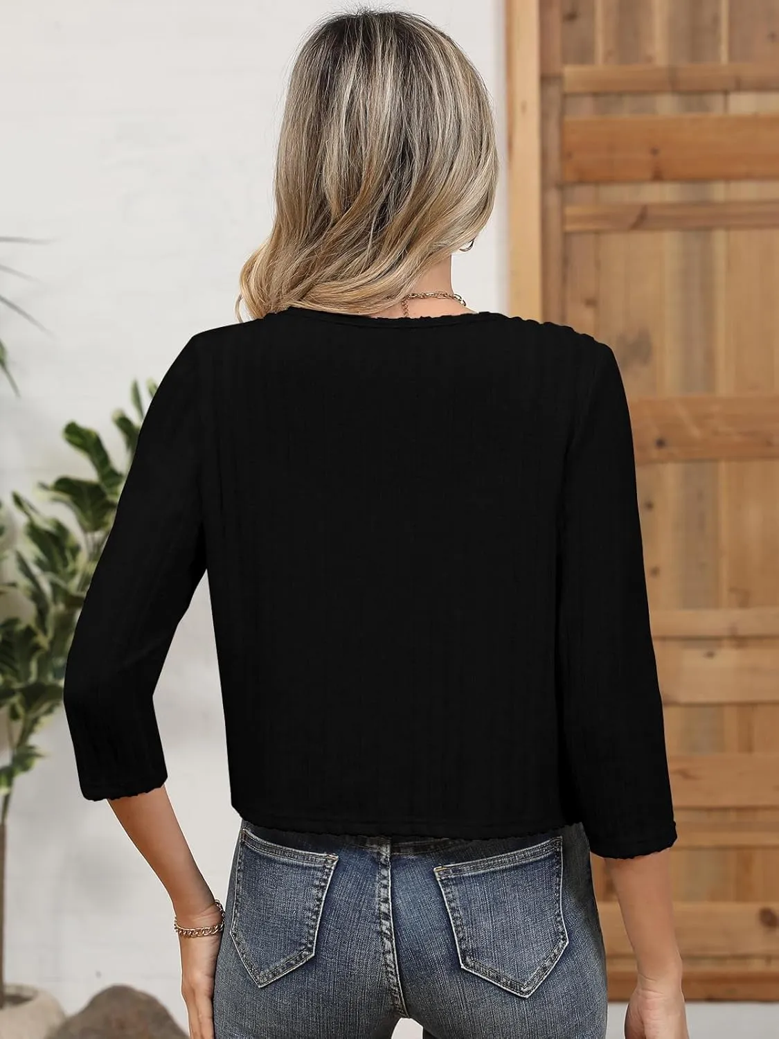 Women's 3/4 Sleeve Crew Neck Bolero Shrug Cropped Cardigans Sweaters Button Down Open Front for Dresses