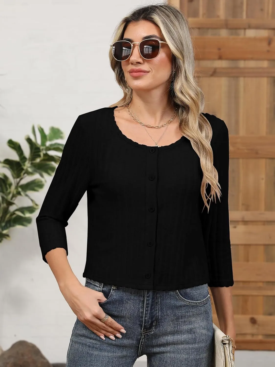 Women's 3/4 Sleeve Crew Neck Bolero Shrug Cropped Cardigans Sweaters Button Down Open Front for Dresses