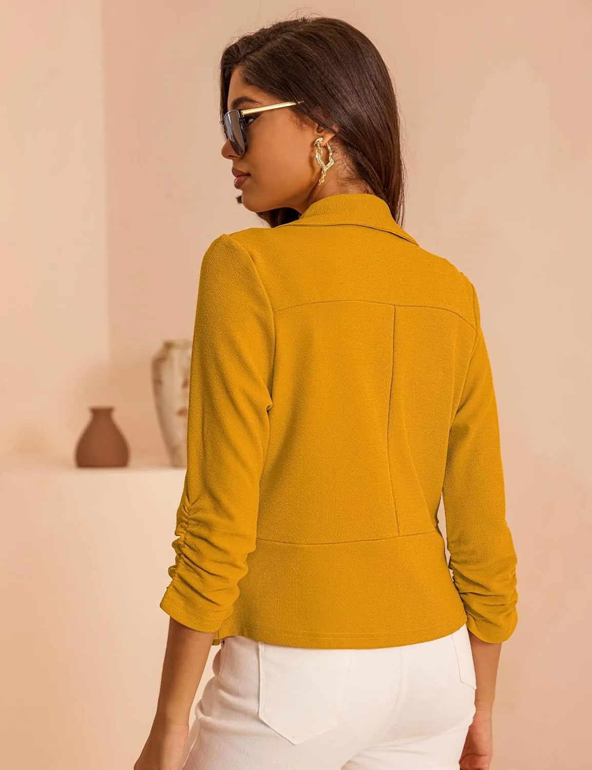 Women's 3/4 Sleeve Cropped Blazer Lightweight Open Front Cardigan Jacket for Business Causal S-XL