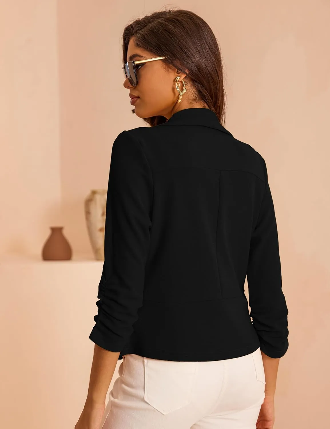Women's 3/4 Sleeve Cropped Blazer Lightweight Open Front Cardigan Jacket for Business Causal S-XL