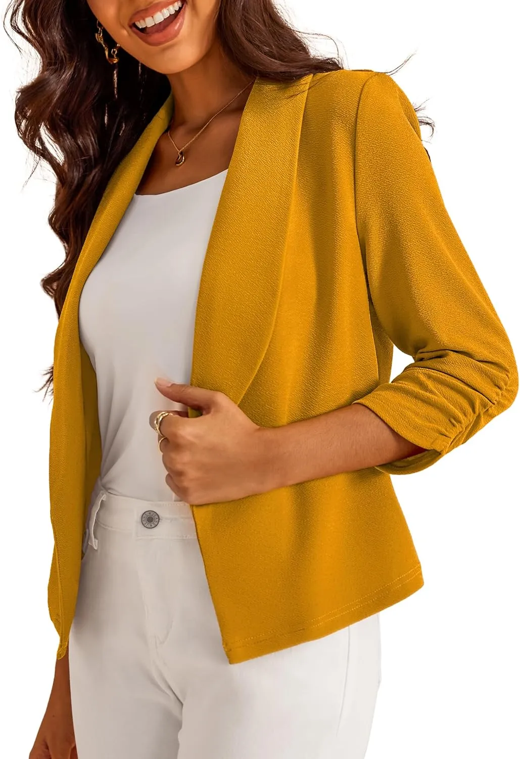 Women's 3/4 Sleeve Cropped Blazer Lightweight Open Front Cardigan Jacket for Business Causal S-XL