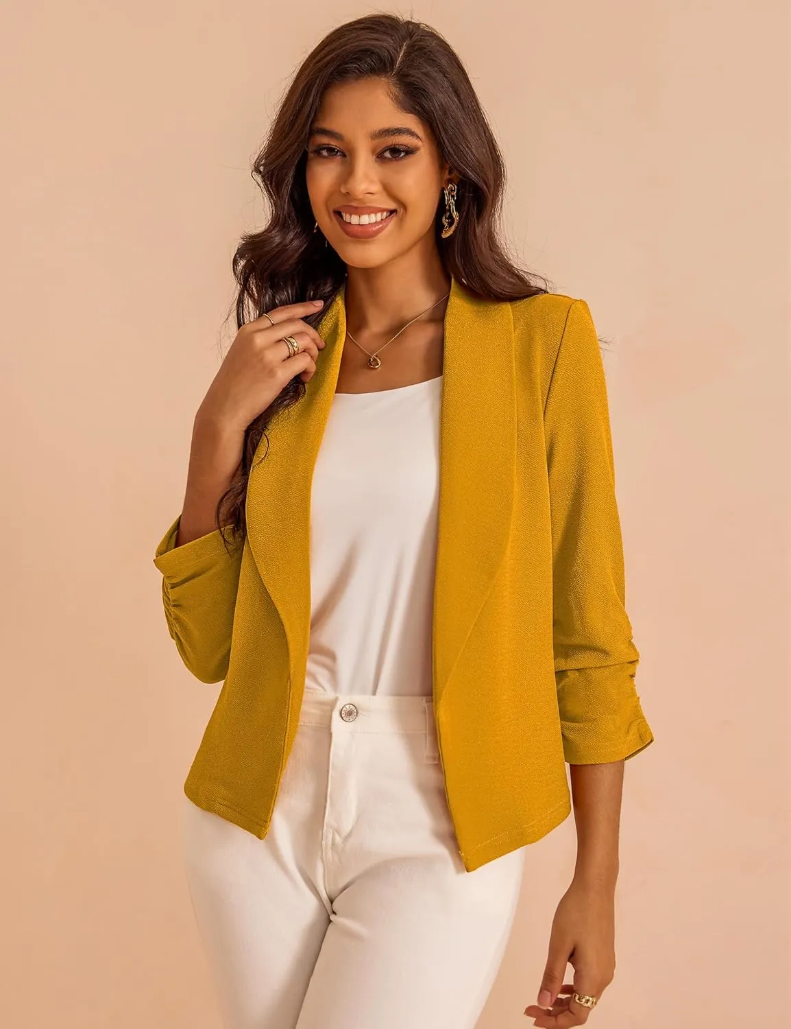 Women's 3/4 Sleeve Cropped Blazer Lightweight Open Front Cardigan Jacket for Business Causal S-XL
