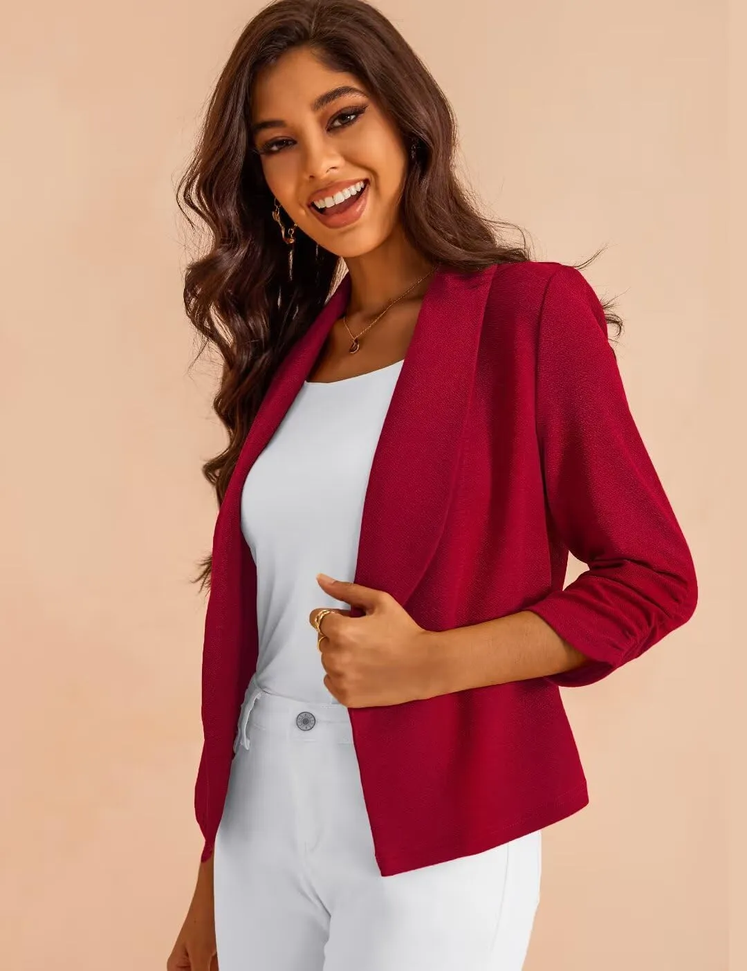 Women's 3/4 Sleeve Cropped Blazer Lightweight Open Front Cardigan Jacket for Business Causal S-XL
