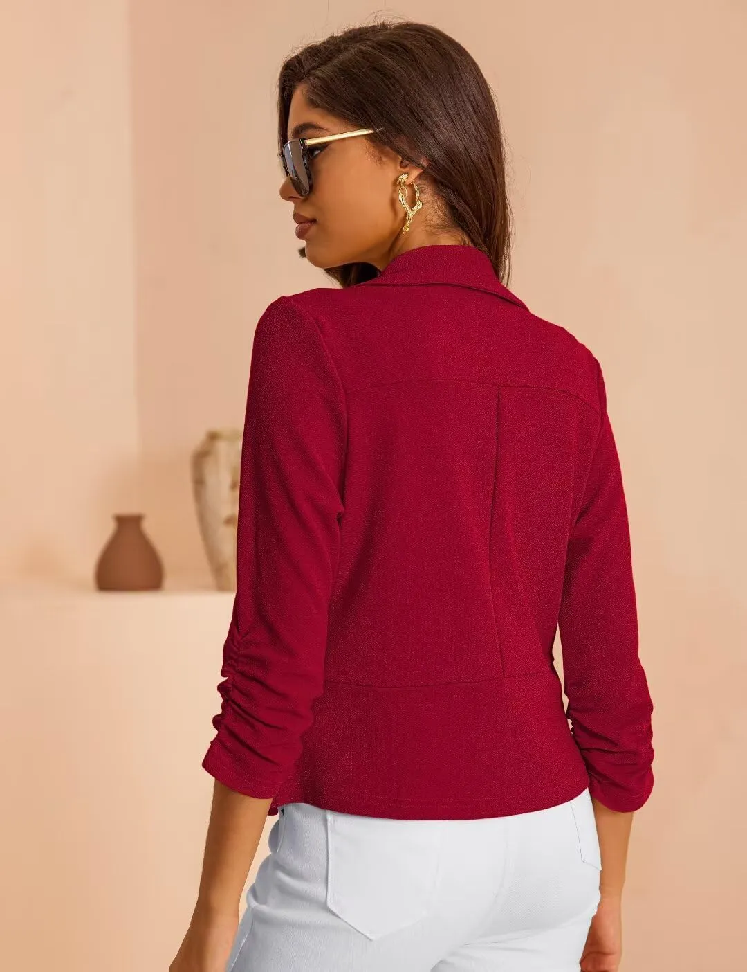 Women's 3/4 Sleeve Cropped Blazer Lightweight Open Front Cardigan Jacket for Business Causal S-XL