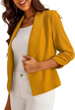 Women's 3/4 Sleeve Cropped Blazer Lightweight Open Front Cardigan Jacket for Business Causal S-XL