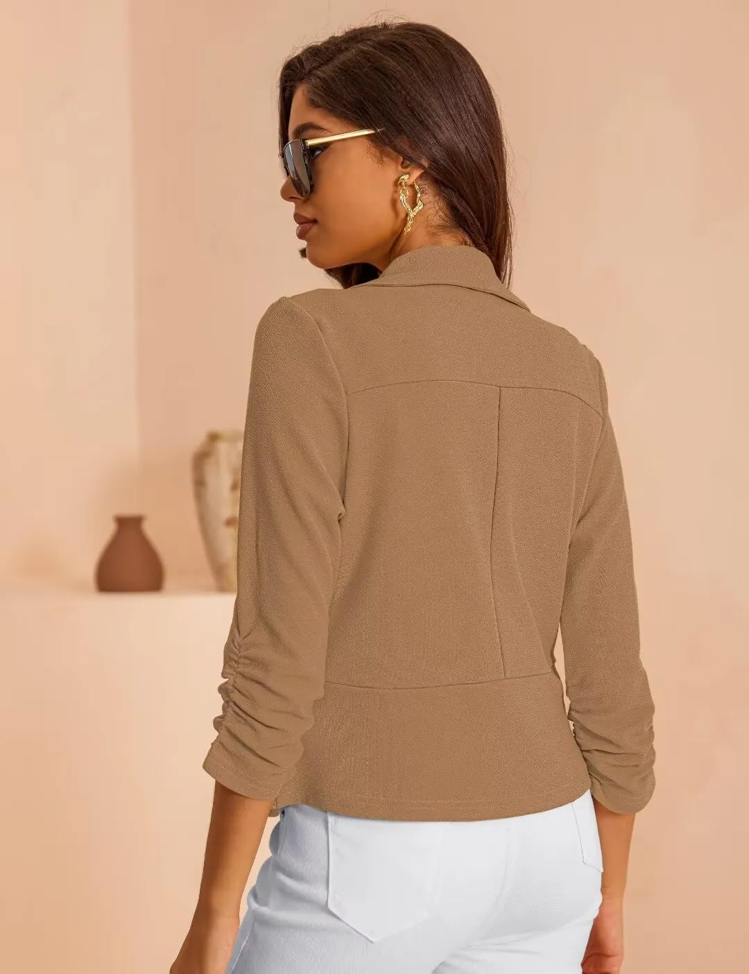 Women's 3/4 Sleeve Cropped Blazer Lightweight Open Front Cardigan Jacket for Business Causal S-XL