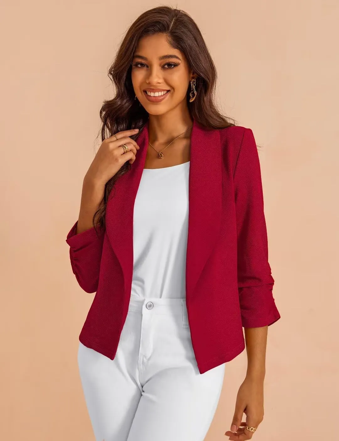 Women's 3/4 Sleeve Cropped Blazer Lightweight Open Front Cardigan Jacket for Business Causal S-XL