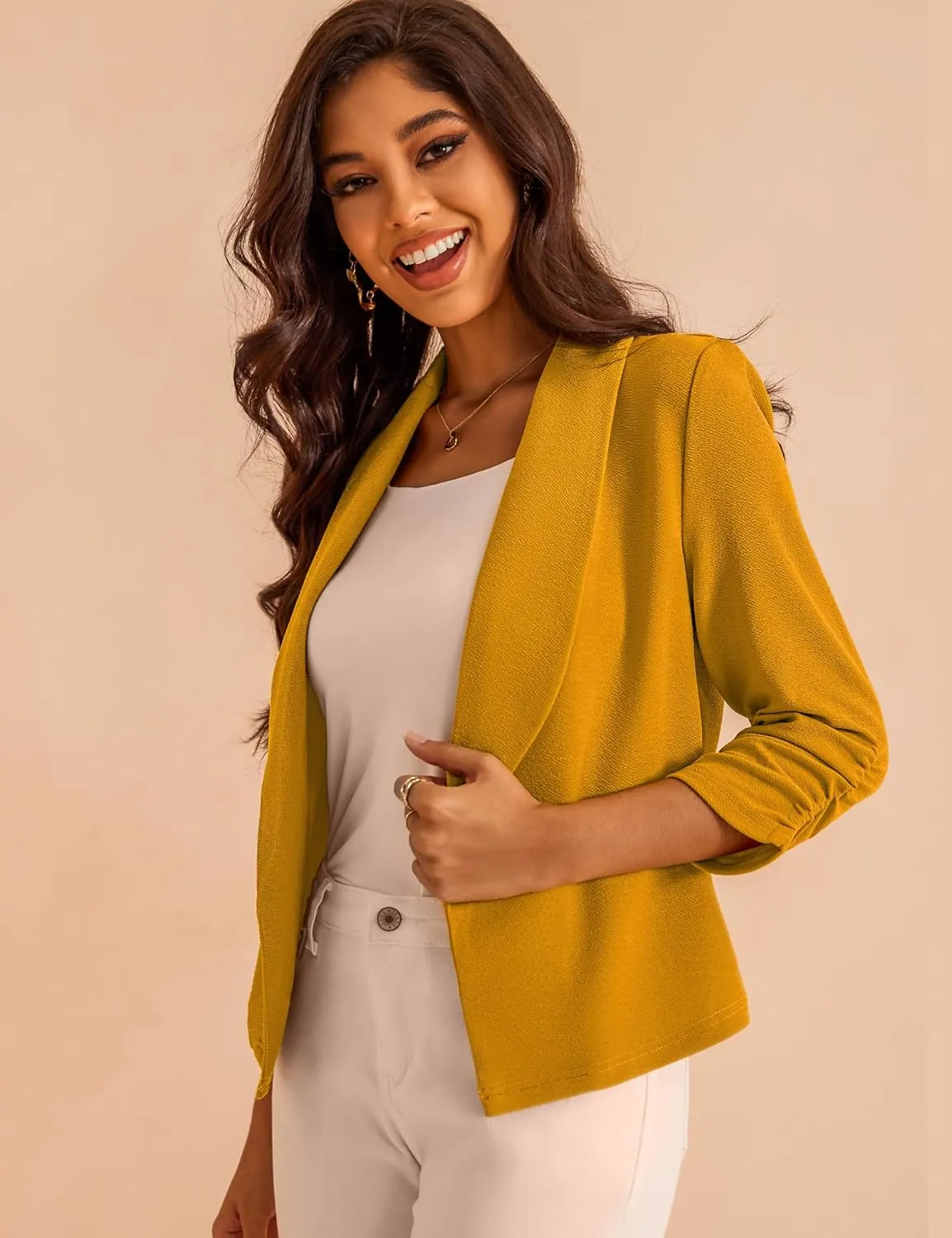 Women's 3/4 Sleeve Cropped Blazer Lightweight Open Front Cardigan Jacket for Business Causal S-XL