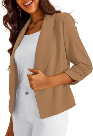 Women's 3/4 Sleeve Cropped Blazer Lightweight Open Front Cardigan Jacket for Business Causal S-XL