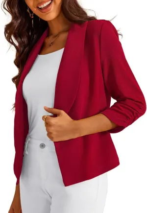 Women's 3/4 Sleeve Cropped Blazer Lightweight Open Front Cardigan Jacket for Business Causal S-XL