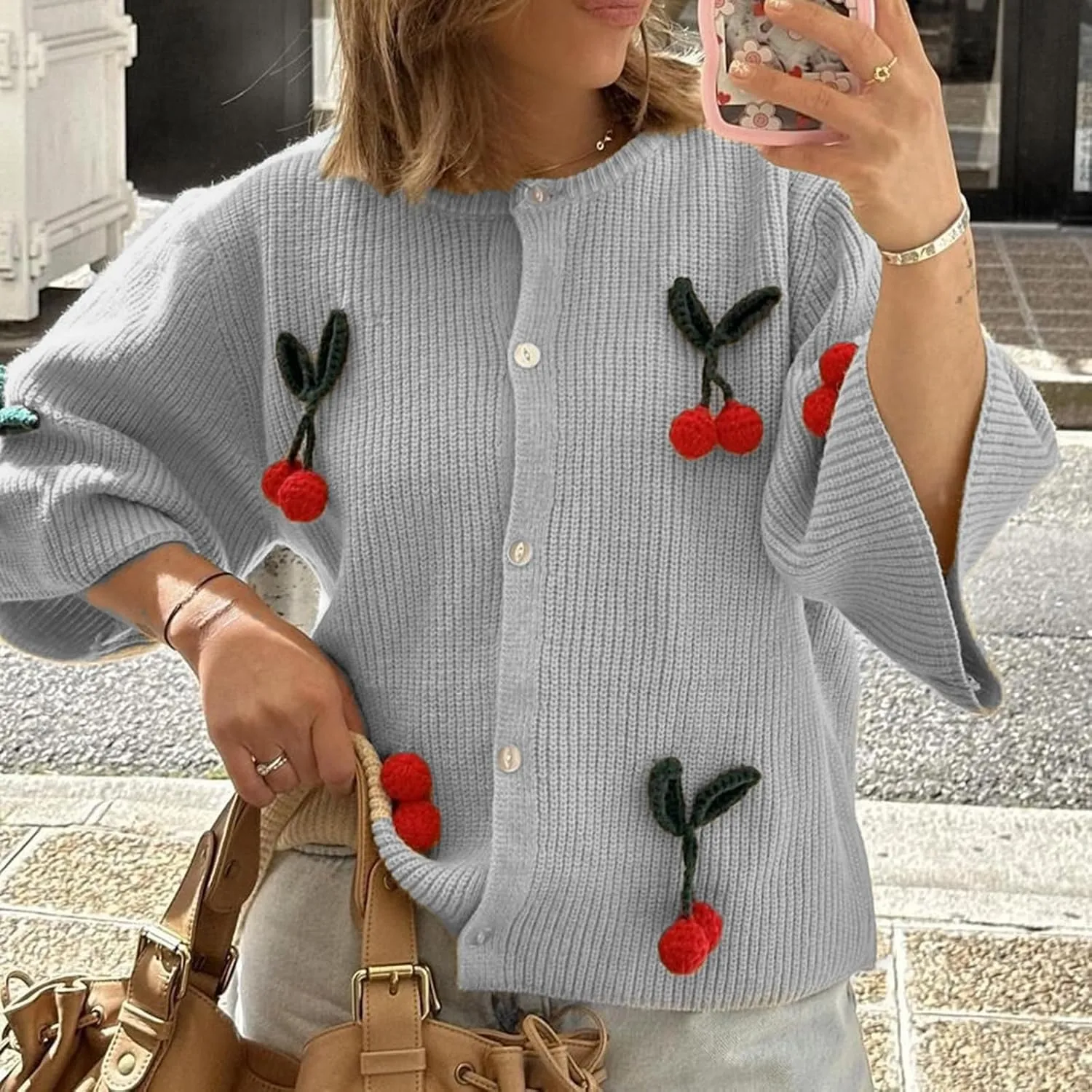Women's Button Down Cropped Cardigan Cute 3D Cherry Short Sleeve Open Front Knit Top Casual Cable Sweater Coat Y2K