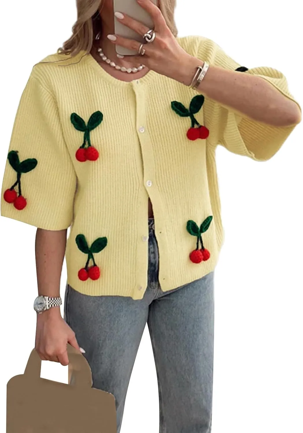 Women's Button Down Cropped Cardigan Cute 3D Cherry Short Sleeve Open Front Knit Top Casual Cable Sweater Coat Y2K