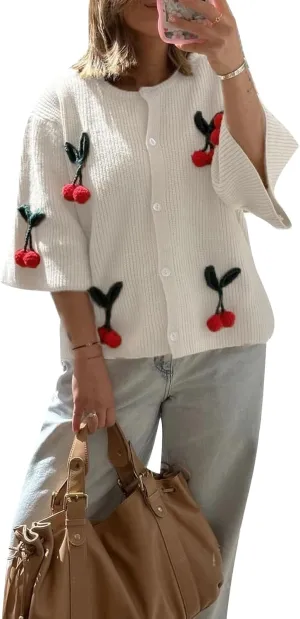 Women's Button Down Cropped Cardigan Cute 3D Cherry Short Sleeve Open Front Knit Top Casual Cable Sweater Coat Y2K