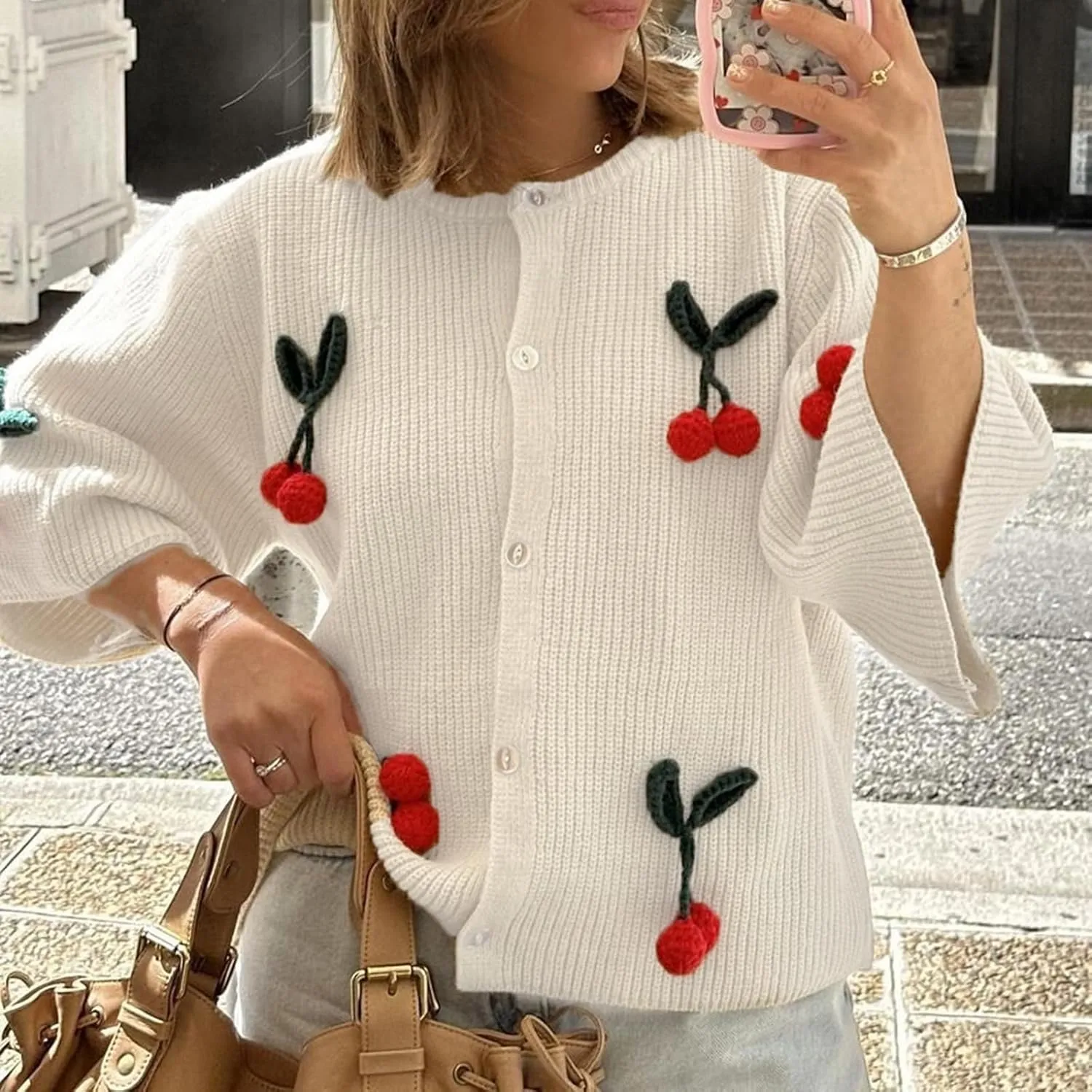 Women's Button Down Cropped Cardigan Cute 3D Cherry Short Sleeve Open Front Knit Top Casual Cable Sweater Coat Y2K