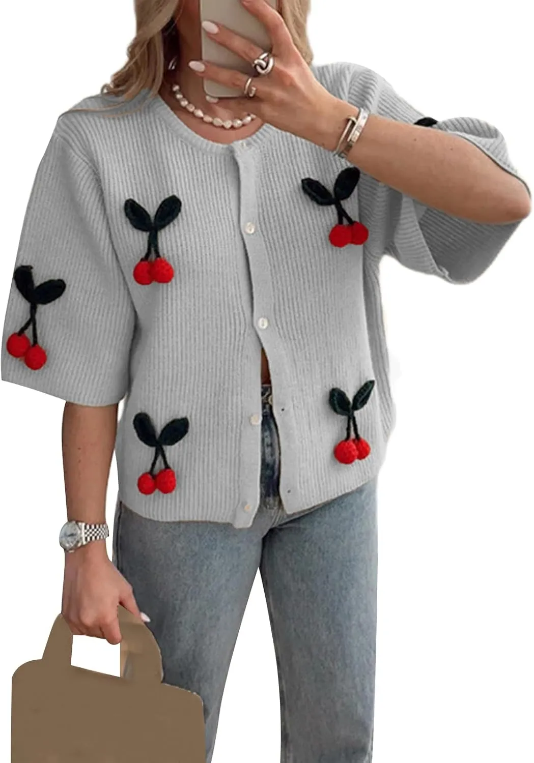 Women's Button Down Cropped Cardigan Cute 3D Cherry Short Sleeve Open Front Knit Top Casual Cable Sweater Coat Y2K