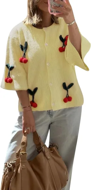 Women's Button Down Cropped Cardigan Cute 3D Cherry Short Sleeve Open Front Knit Top Casual Cable Sweater Coat Y2K