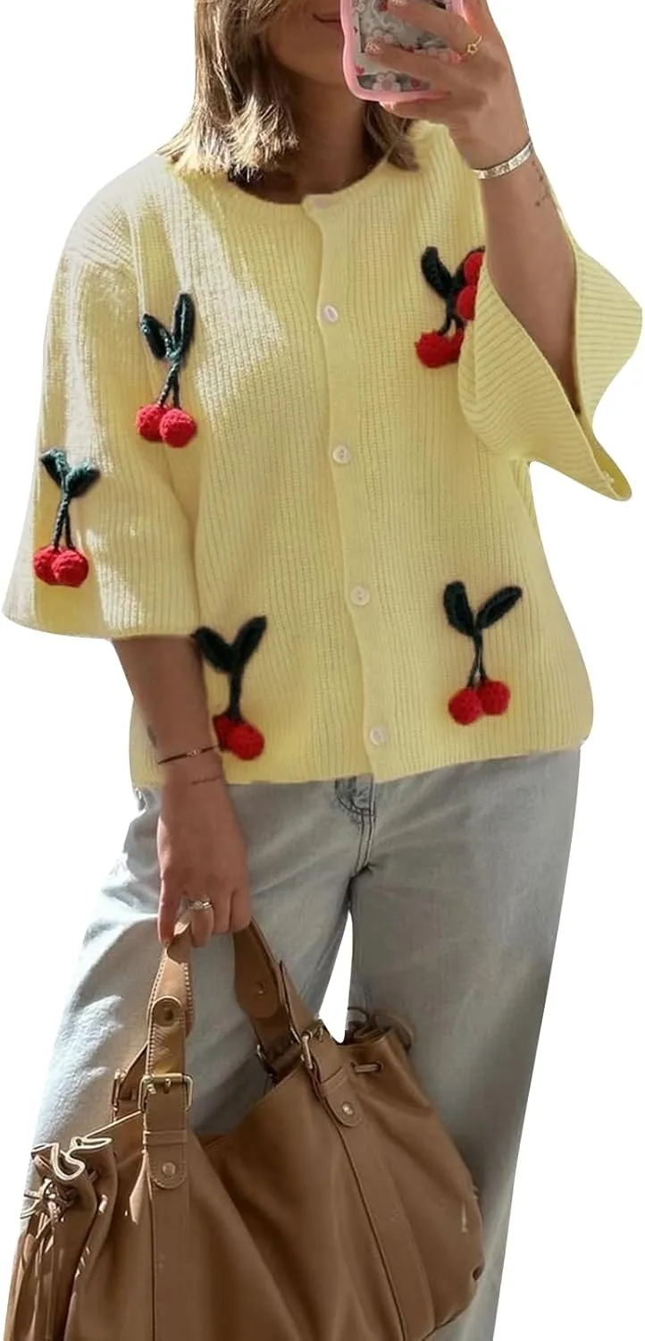 Women's Button Down Cropped Cardigan Cute 3D Cherry Short Sleeve Open Front Knit Top Casual Cable Sweater Coat Y2K