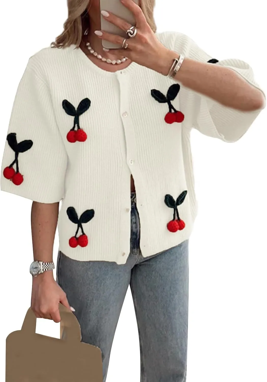Women's Button Down Cropped Cardigan Cute 3D Cherry Short Sleeve Open Front Knit Top Casual Cable Sweater Coat Y2K