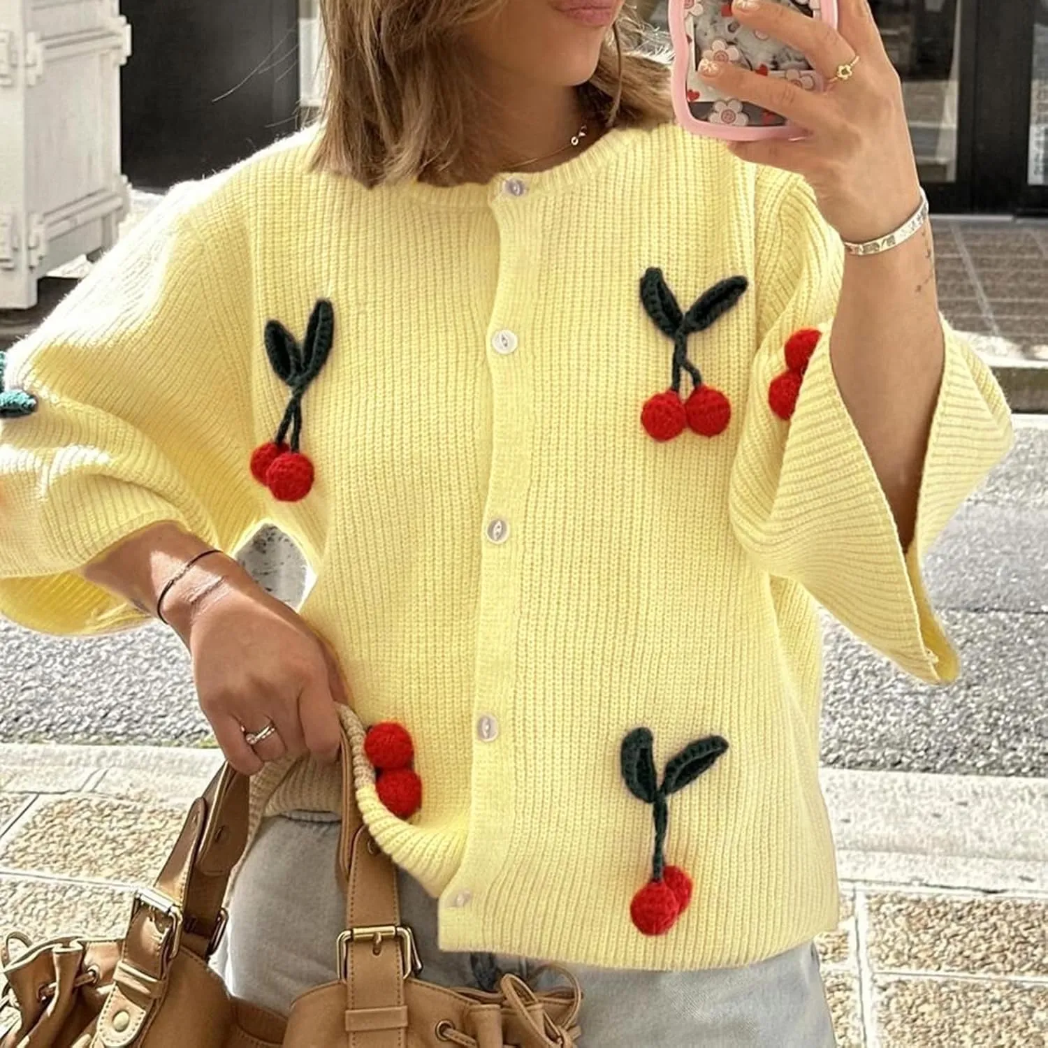 Women's Button Down Cropped Cardigan Cute 3D Cherry Short Sleeve Open Front Knit Top Casual Cable Sweater Coat Y2K