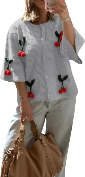Women's Button Down Cropped Cardigan Cute 3D Cherry Short Sleeve Open Front Knit Top Casual Cable Sweater Coat Y2K