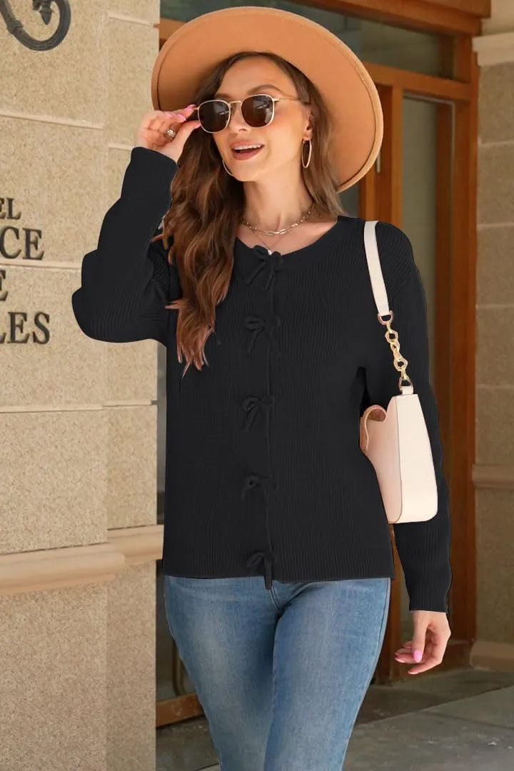 Women's Cardigan Sweaters Bow Button Down Cardigans Fall Fashion Clothes Knit Tie Open Front Coats