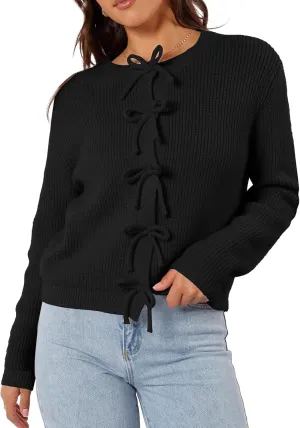 Women's Cardigan Sweaters Bow Button Down Cardigans Fall Fashion Clothes Knit Tie Open Front Coats