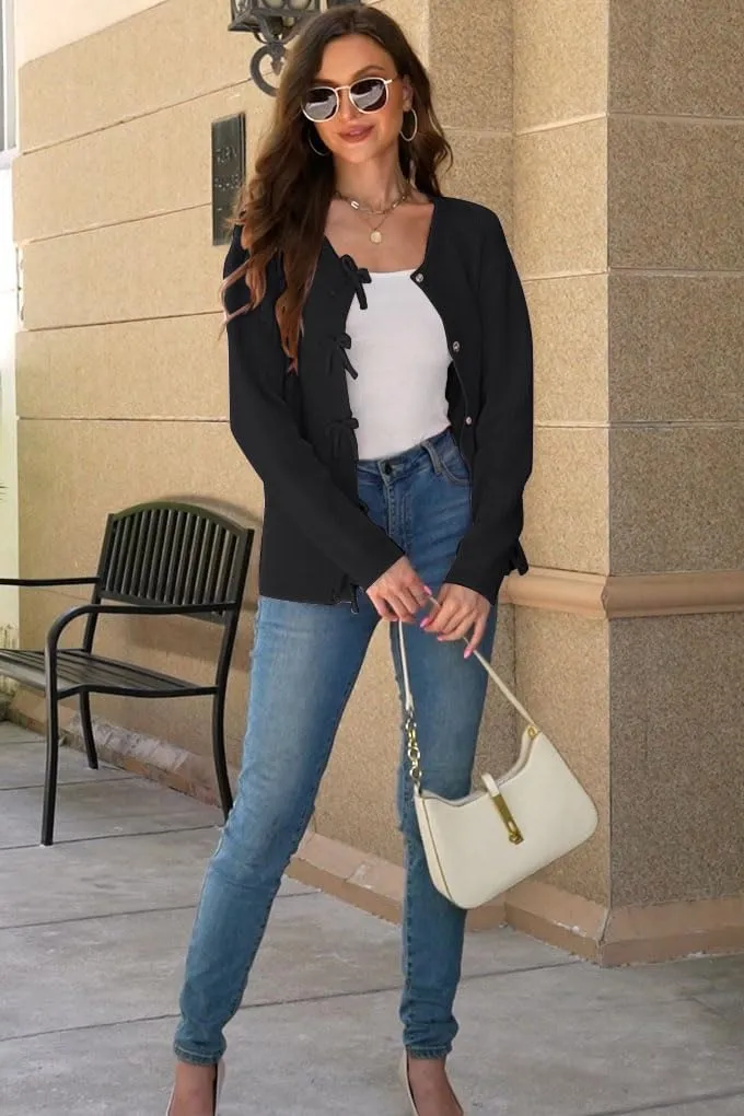 Women's Cardigan Sweaters Bow Button Down Cardigans Fall Fashion Clothes Knit Tie Open Front Coats