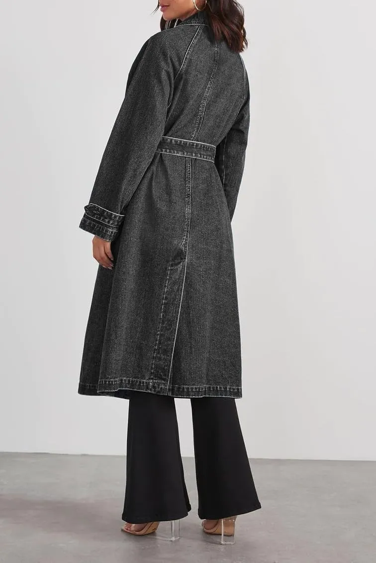 Women's Casual Double Breasted Long Denim Trench Coats Jean Jacket Trench Coat with Belt Duster Jackets